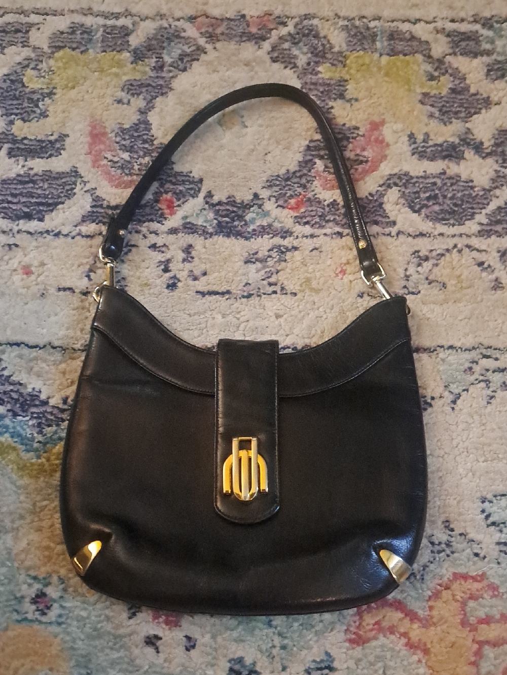 Vintage Susan Gail Black Leather Shoulder Bag W/ Gold & Silver Hardware